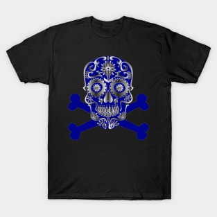 Blue Sugar Skull Day Of The Dead Skull And Crossbones T-Shirt